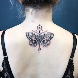 Tattoo by George aka geeorgettt #George #Geeorgettt #mothtattoos #mothtattoo #moth #butterfly #insect #nature #animal #illustrative #blackwork #moon #dotwork