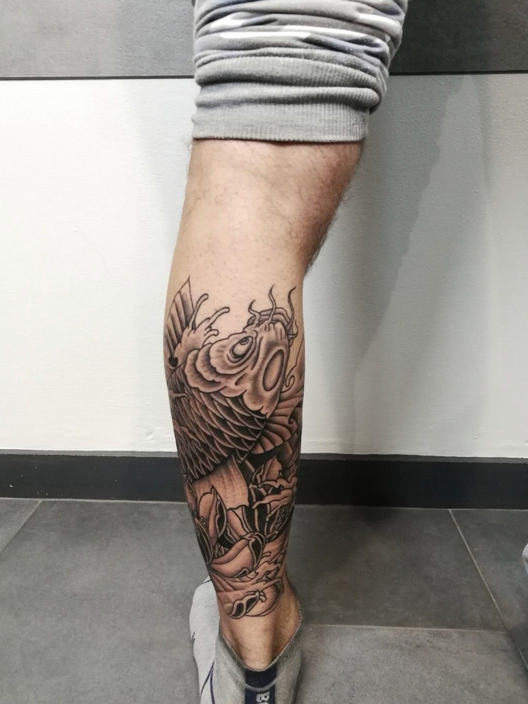 koi tattoo black and grey leg