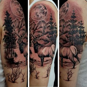 Finished off today.. #stag #mountains #landscapetattoo #blackandgray 
