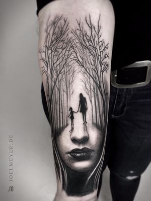 Woman Forest Realistic Tattoo Black and Grey