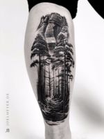Forest Trees Mountain Realistic Tattoo Black and Grey