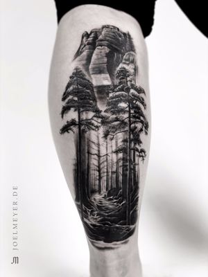 Forest Trees Mountain Realistic Tattoo Black and Grey