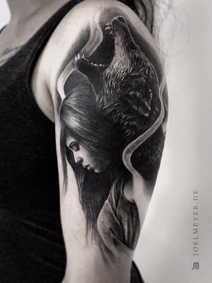 Realistic Woman Wolf Tattoo Black and Grey