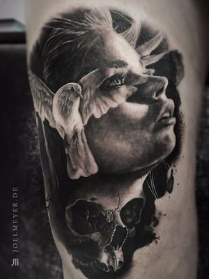 Woman Dove Skull Satue Realistic Tattoo Black and Grey