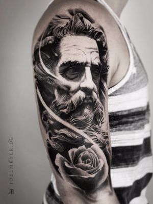 Neptune Statue Rose Realistic Tattoo Black and Grey