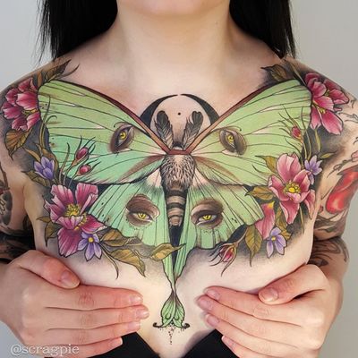 Tattoo by Samantha Smith #SamanthaSmith #scragpie #mothtattoos #mothtattoo #moth #butterfly #insect #nature #animal #flower #floral #plants #color #neotraditional