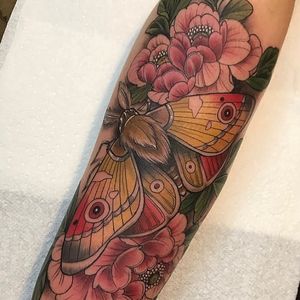 Tattoo by Aaron Dear #AaronDear #mothtattoos #mothtattoo #moth #butterfly #insect #nature #animal #peony #cherryblossom #flower #floral #plant #neotraditional