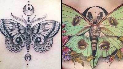 Tattoo on the left by George aka geeorgettt and tattoo on the right by Samantha Smith #SamanthaSmith #scragpie #George #Geeorgettt #mothtattoos #mothtattoo #moth #butterfly #insect #nature #animal
