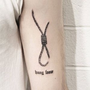 Tattoo by Nina Chwelos #NinaChwelos #noosetattoos #noosetattoo #blackwork #illustrative #death #hanging #hanginthere #rope #lettering #text #hangloose