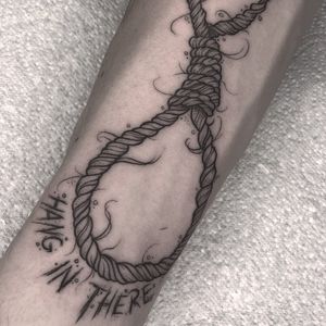Tattoo by Callum Forster #CallumForster #noosetattoos #noosetattoo #blackwork #illustrative #death #hanging #hanginthere #rope #text #lettering