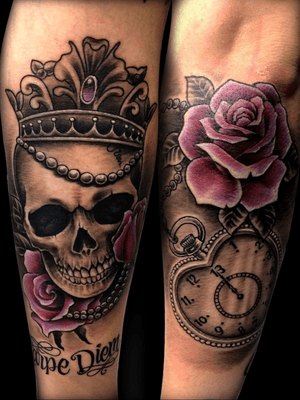 New school skull and rose from last year. Customer ended up getting her whole sleeve done with us after this piece.