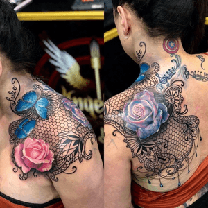 Here at Angel Ink, we have master in every style. This custom black lace and coloured rose and butterfly was partly a cover as well and completed over 2 sessions by Tom 