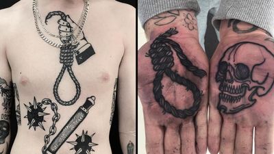 Tattoo on the left by Josh Russell and tattoo on the right by Luke A Ashley #LukeAAshley #LukeAshley #JoshRussell #noosetattoos #noosetattoo #blackwork #illustrative #death #hanging #hanginthere