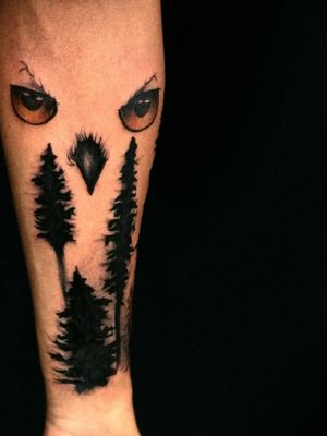 Black Forest tattoo Tatuagem floresta negra Owl tattoo Owl eyes tattoo Tatuagem Coruja Tatuagem de olhos de coruja Blackwork tattoo Tatuagem Blackwork 
