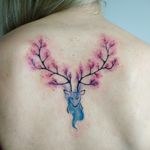 Back piece : watercolor deer portrait #tattoo #tatouage #tatouages #watercolor #watercolortattoo #aquarelle #tattooaquarelle #cerf #deer #blossom #fleurs #blue #purple #bleu #rose #michiyo #michiyo_bulle