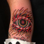 Tattoo by Dave Halsey #DaveHalsey #eyetattoos #eyetattoo #eye #psychedelic #surreal #strange #thirdeye #fire #color