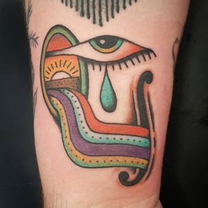 Tattoo by Dustin Barnhart #DustinBarnhart #eyetattoos #eyetattoo #eye #psychedelic #surreal #strange #thirdeye #tear #landscape #rainbow #sun #color