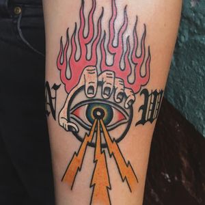 Tattoo by Jonas Nyberg #JonasNyberg #eyetattoos #eyetattoo #eye #psychedelic #surreal #strange #thirdeye #lightningbolt #fire #lettering #oldenglish #hand #color