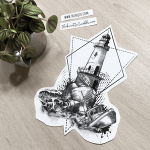 Lighthouse with a sinking ship. More designs: www.skinque.com or follow me on Instagram for new designs! @thebunettedesigns #blackwork #black #blackandgrey #ship #sea #nature #geometric #abstract #sketch #lighthouse #ocean #sea 