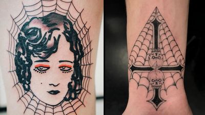 Tattoo on the left by Antoine Larrey and tattoo on the right by Sera Helen #AntoineLarrey #SeraHelen #spiderwebtattoo #spiderwebtattoos #spiderweb #spider #nature #linework #oldschool