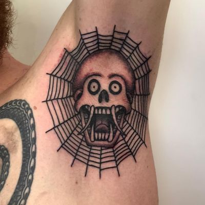 Tattoo by Luckman Tattoos #LuckmanTattoos #spiderwebtattoo #spiderwebtattoos #spiderweb #spider #nature #linework #oldschool #skull #death