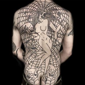 Tattoo by Joel Soos #JoelSoos #spiderwebtattoo #spiderwebtattoos #spiderweb #spider #nature #linework #oldschool #lady #Pinup #death #skull