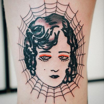Tattoo by Antoine Larrey #AntoineLarrey #spiderwebtattoo #spiderwebtattoos #spiderweb #spider #nature #linework #oldschool #lady #ladyhead