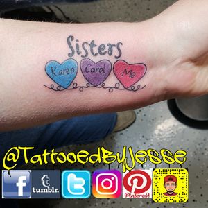 Brought in her favorite custom made coffee cup and turned it into a tattoo. Now her sisters are always with her. Christmas gift cards available!! Like and follow me @tattooedbyjesse FB, IG, SC, pinterest, tumblr, twitter, tattoodo app, and for my artist page; www.facebook.com/tattooedbyjesse #TattooedByJesse #ComeGetSomeInk #LoyaltyTattooCompany #DynamicBlack #EternalInks #Tattoo #Tattoos #MichiganTattooArtists #MichiganPiercers #Tattooed #hearts #coffeecup #sisters