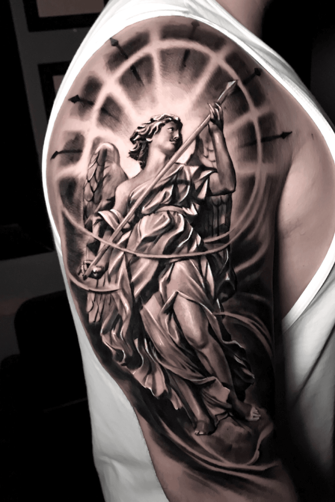 Black  Grey Angel Statue Tattoo by Nathaniel Gann
