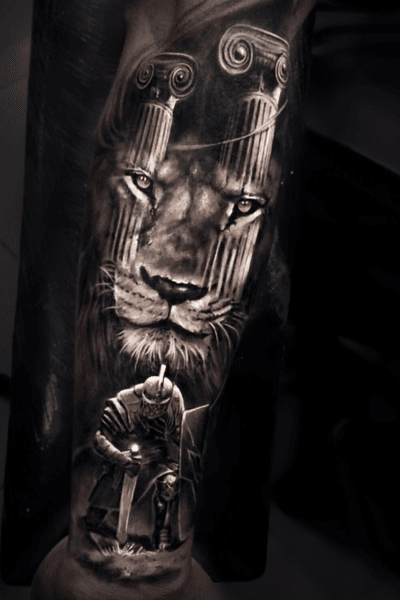 Black & gray realism lion and soldier warrior roman @pedromullertattoos