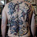 Tattoo by Aron John Dubois #AronJohnDubois #besttattoos #best #favorite #fairytale #legend #backpiece #color #traditional #harp #satyr