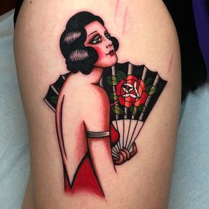 Tattoo by Tyler Abner #TylerAbner #besttattoos #best #favorite #lady #rose #fan #color #traditional