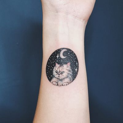 Tattoo by Tattooist Zuzu #TattooistZuzu #besttattoos #best #favorite #cat #kitty #moon #stars #petportrait #illustrative #watercolor