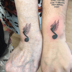 Cute little matching memorial tattoos that I did the other day. Ive got spaces tomorrow so drop me a message to book in 😊💌.....#wristtattoo #memorial #remembrance #black #eternalink  #musicnote #wings #illustration #tattoo #tattooideas #tattooart #tattoostyle #tattoodesign #shading  #everafterart #memorialtattoo #remembrancetattoo #smalltattoo #art #blackink #musicnotetattoo #fineliners 
