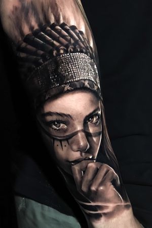 Black & gray realism native american indian woman @pedromullertattoos 