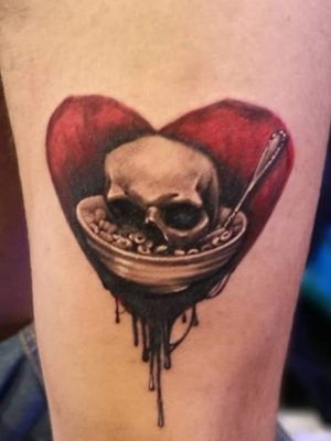 Gorgeous tattoo by Gregory Neodix at Tetoválók Éjszakája in Budapest HU #skull #love #heart #cereal #bowl #spoon #darkart #realism 