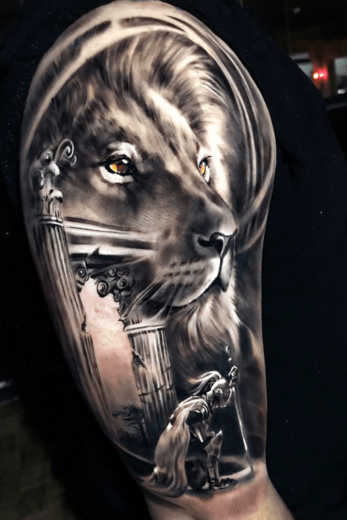 Tattoo uploaded by Pedro  Black  gray realism lion and warrior soldier  spartan pedromullertattoos  Tattoodo