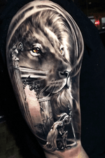 Black & gray realism lion warrior @pedromullertattoos