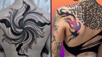 Tattoo on the left by Mare aka pavla.blk and tattoo on the right by Roman Shcherbakov aka dasetattoo #RomanShcherbakov #dasetattoo #Mare #pavlablk #abstracttattoos #abstracttattoo #abstract #shapes #surreal #strange