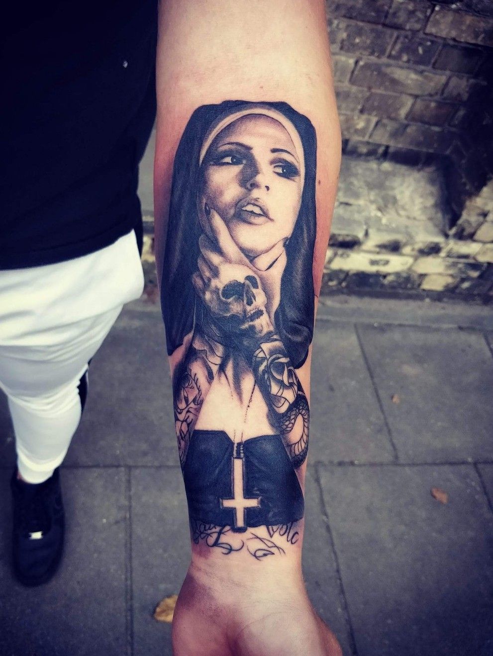 Tattoo uploaded by Simonas Norkus • leg sleeve in progress/some parts  fresh/ some healed #inprogress #blackngrey #blackngreytattoo #legtattoo  #nun #nuntattoo #jesus #jesustattoo • Tattoodo