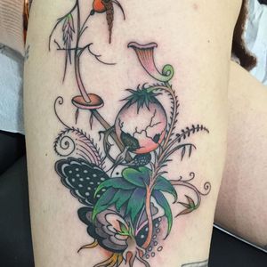 Tattoo by Matt Bivetto #MattBivetto #abstracttattoos #abstracttattoo #abstract #shapes #surreal #strange #hieronymusbosch #bosch #floral #flower #plant #bird #egg #color