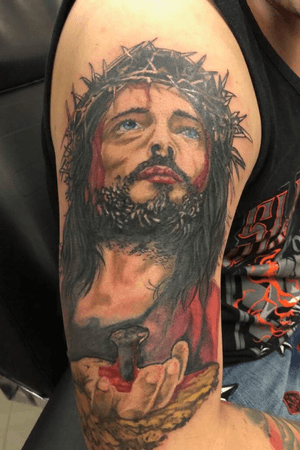 Jesus Christ portrait full sleeve design... colored realism portrait