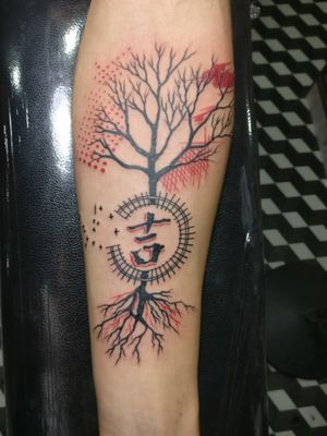 it denotes freedom ,growth, achievements, dissatisfaction and luck of me.As the small plant grows into a tree, the tree bears fruits[the left red dots] they are my achievements i have gained till now.there are some worse times i have faced which is tree sheads its leaves in autumn.some braches are naked which shows i have still more to grow and the red fire burnings shows my confidence which is little but it will grow.in the center the Japanese symbol of luck is placed as it go to the very end of the roots to me.