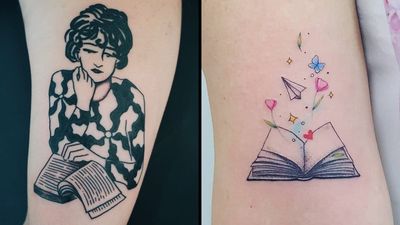 Tattoo on the left by Antoine Larrey and tattoo on the right by Jacke Michaelsen #JackeMichaelsen #AntoineLarrey #booktattoos #booktattoo #book #literary #novel #reading #novel