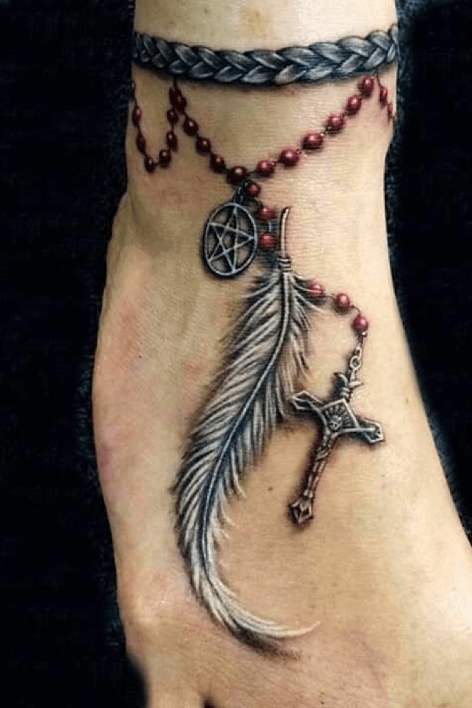 Heart cross anchor with ankle beads tattoo
