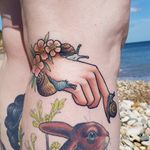Tattoo by Ellis Arch #EllisArch #snailtattoos #snailtattoo #snail #animal #nature #color #cherryblossoms #flower #neotraditional #hand
