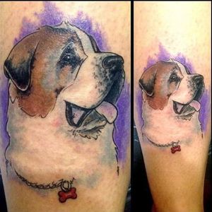 Tattoo by @Samfarfan (+34684178546) #puppytattoo #puppyportrait #dogportrait #dogtattoo #colortattoo #color #pettattoos #perros #dog #animal #nature #colors #morado #fineline #tattooartist 