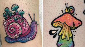Tattoo on the left by Roberto Euan and tattoo on the right by Janine Ramos #JanineRamos #RobertoEuan #snailtattoos #snailtattoo #snail #animal #nature