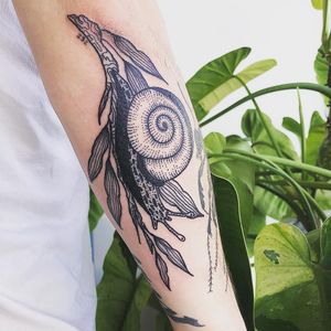 Tattoo by Jordyn Hilton #JordynHilton #snailtattoos #snailtattoo #snail #animal #nature #illustrative #leaves #plant #linework