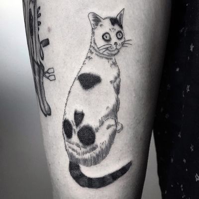 Tattoo by Frankie Sexton #FrankieSexton #skulltattoos #opticalillusion #mashup #death #blackwork #illustrative #cat #kitty #junjiito #anime #manga #darkart #monmoncat